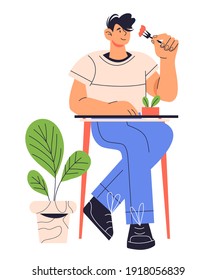 Man sitting at table and eating with fork, cartoon flat  vector illustration isolated on white background. Man cartoon character enjoying food in restaurant or at home.