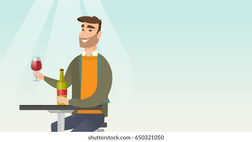 Man sitting at the table with a glass and a bottle of wine. Caucasian man drinking wine in the restaurant. Man enjoying a drink at the wine bar. Vector flat design illustration. Horizontal layout.