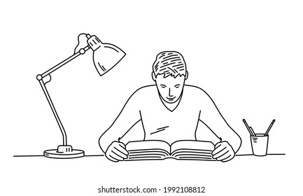 Man sitting at the table, at home, at office and reading book. Concept education. Hand drawn vector illustration.