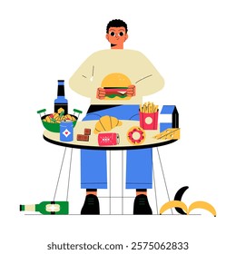 Man Sitting At Table With Junk Food And Drinks In Flat Vector Illustration Symbolizing Indulgence And Unhealthy Eating, Isolated On White Background