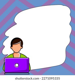 Man sitting at the table with laptop. Big white speech bubble for text overhead. Empty Dialog box on bright colored background. Vector drawing illustration.