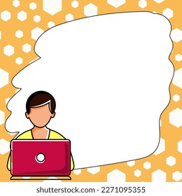 Man sitting at the table with laptop. Big white speech bubble for text overhead. Empty Dialog box on bright colored background. Vector drawing illustration.
