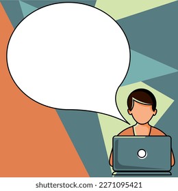 Man sitting at the table with laptop. Big white speech bubble for text overhead. Empty Dialog box on bright colored background. Vector drawing illustration.
