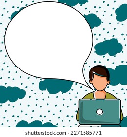 Man sitting at the table with laptop. Big white speech bubble for text overhead. Empty Dialog box on bright colored background. Vector drawing illustration.