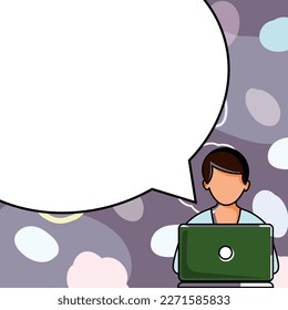 Man sitting at the table with laptop. Big white speech bubble for text overhead. Empty Dialog box on bright colored background. Vector drawing illustration.