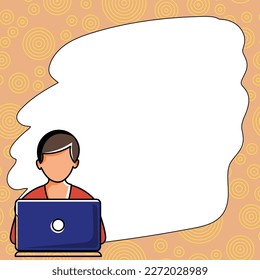 Man sitting at the table with laptop. Big white speech bubble for text overhead. Empty Dialog box on bright colored background. Vector drawing illustration.