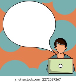 Man sitting at the table with laptop. Big white speech bubble for text overhead. Empty Dialog box on bright colored background. Vector drawing illustration.