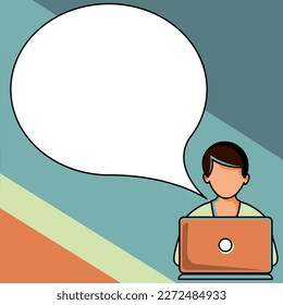 Man sitting at the table with laptop. Big white speech bubble for text overhead. Empty Dialog box on bright colored background. Vector drawing illustration.