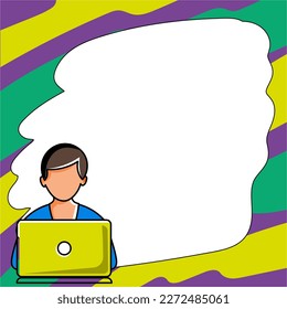 Hombre sentado en la mesa con un portátil. Gran burbuja de habla blanca para la sobrecarga de texto. Cuadro de diálogo vacío sobre fondo de color brillante. Ilustración del dibujo del vector.