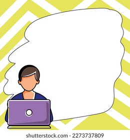 Man sitting at the table with laptop. Big white speech bubble for text overhead. Empty Dialog box on bright colored background. Vector drawing illustration.