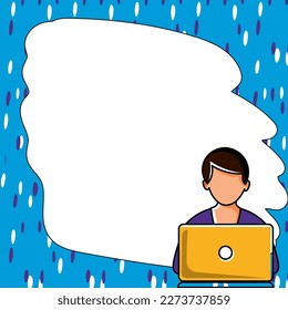 Hombre sentado en la mesa con un portátil. Gran burbuja de habla blanca para la sobrecarga de texto. Cuadro de diálogo vacío sobre fondo de color brillante. Ilustración del dibujo del vector.