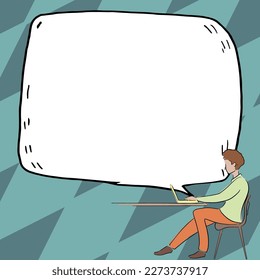 Man sitting at the table with laptop. Big white speech bubble for text overhead. Empty Dialog box on bright colored background. Vector drawing illustration.