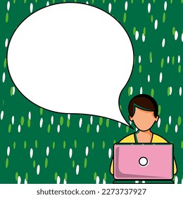 Hombre sentado en la mesa con un portátil. Gran burbuja de habla blanca para la sobrecarga de texto. Cuadro de diálogo vacío sobre fondo de color brillante. Ilustración del dibujo del vector.