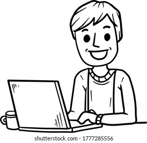 Hombre sentado en la mesa con un portátil. Chat con sus amigos en Internet. Trabajar como freelancer y programador. Aparato moderno. Un tipo feliz sonriente.