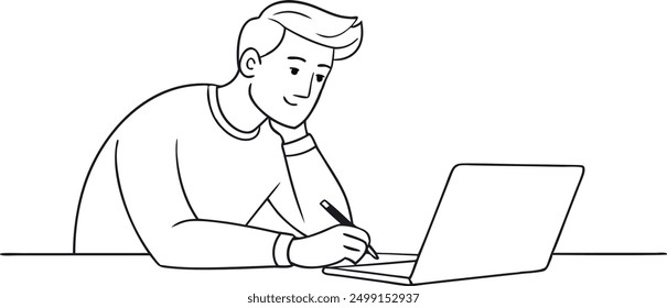 A man is sitting at a table with a laptop in front of him. He is writing on the laptop