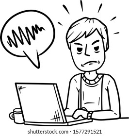 Man sitting at table with laptop. Modern gadget and problem. Sad displeased boy. Hand drawn sketch cartoon. Work as freelancer and programmer. Angry guy