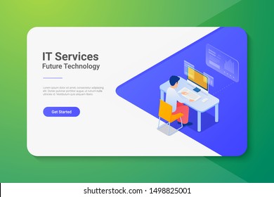 Man sitting at Table with Laptop Notebook Isometric flat illustration. Working Online freelance IT programmer concept.