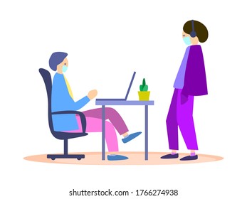 El hombre está sentado en una mesa con un portátil. Recepción de visitantes. Las personas con máscaras médicas mantienen una distancia social. Covid-19, Coronavirus. La gente está vestida con ropa colorida. Ilustración del vector