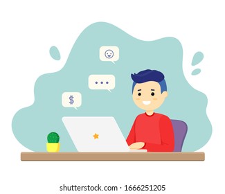 Man sitting at a table with a laptop. Vector illustration in a flat style. Social media icons. Happy character. Work on the Internet, sales, social networks, freelance. Successful workflow.