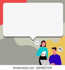 Man sitting at the table with laptop. Woman standing near computer. People discussing latest news. Big white text holder on colored background contains agenda.