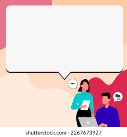 Man sitting at the table with laptop. Woman standing near computer. People discussing latest news. Big white text holder on colored background contains agenda.
