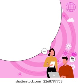 Man sitting at the table with laptop. Woman standing near computer. People discussing latest news. Big white text holder on colored background contains agenda.