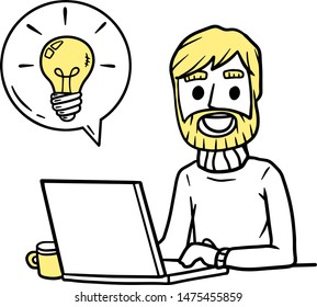 Man sitting at table with laptop. Work as freelancer and programmer. Modern gadget. Smiling happy guy. Idea concept. Invention and thought. Hand drawn sketch cartoon. Bubble with light bulb