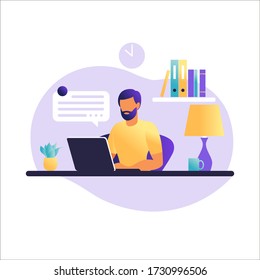 Mesa con ordenador portátil. Trabajando en un equipo. Autonomía, educación en línea o concepto de medios sociales. Concepto independiente o de estudio. Estilo plano. Ilustración vectorial aislada en blanco.
