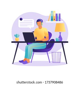 Man sitting table with laptop. Working on a computer. Freelance, online education or social media concept. Freelance or studying concept. Flat style. Vector illustration isolated on white.