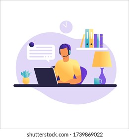 Man sitting table with laptop. Working on a computer. Freelance, online education or social media concept. Freelance or studying concept. Flat style. Vector illustration isolated on white.