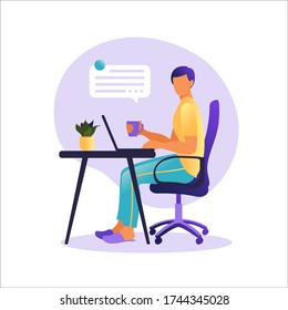 Man sitting table with laptop. Working on a computer. Freelance, online education or social media concept. Freelance or studying concept. Flat style. Vector illustration.