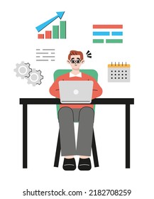 Man sitting table with laptop. Working on a computer. Freelance, online education or social media concept. Freelance or studying concept. Flat style. Vector illustration isolated on white.