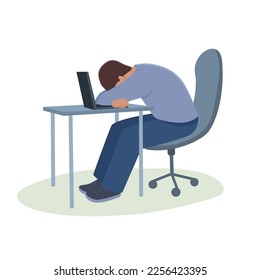 Man is sitting at table leaning over laptop. Vector isolated color illustration. 