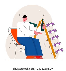 Man sitting at table near wine bottle rig, showing bottle of wine. Excursion at wine factory, man advise quality product to clients. Wine store concept. Flat vector illustration