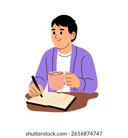 Man sitting at table with notebook and cup of coffee