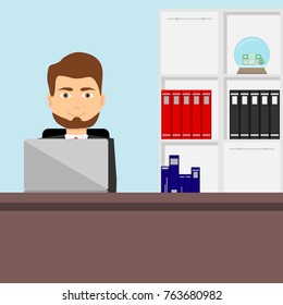 A man is sitting at a table in the office in front of a laptop. Flat design, vector illustration, vector.