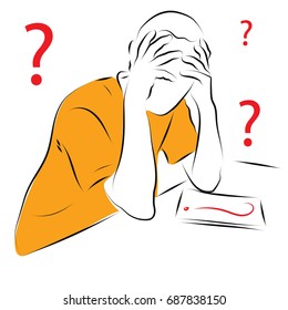 The man is sitting at the table. On the table is a notebook with a question mark. Hands clench their heads. Pose of indecision, depression, question, uncertainty