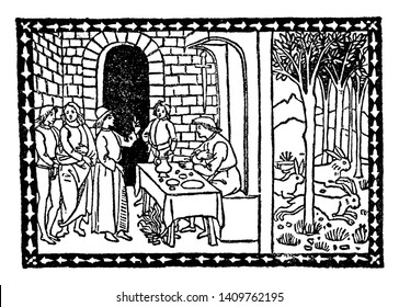 A man sitting at table and other people standing next to table, vintage line drawing or engraving illustration
