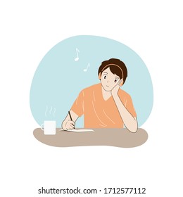 Man sitting at table with paper and writing or drawing. Hand draw thin line style. Flat design. Vector illustration.