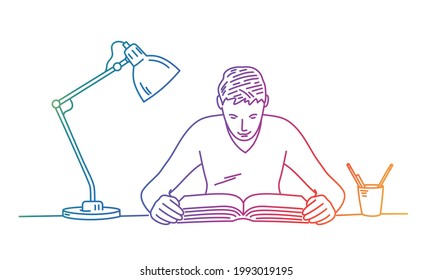 Man sitting at the table and reading book. Rainbow color. Sketch vector illustration.