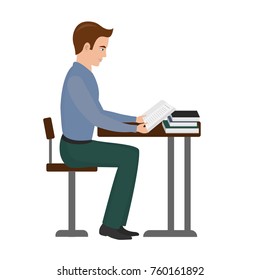 Man is sitting at table and reading book. Textbook in hand, learning from book. Vector illustration