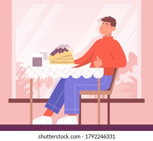 Un hombre sentado en una mesa de un restaurante está disfrutando de la comida. vector de color