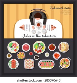 A man sitting at a table in a restaurant. Served table with dishes. Menu of dishes to choose from. Top view. Vector flat illustration.Catering business