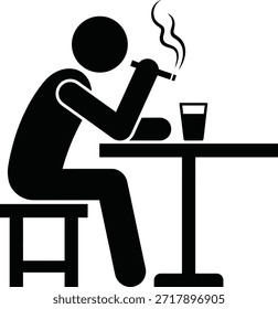 Hombre sentado en la mesa fumando cigarrillos y bebiendo