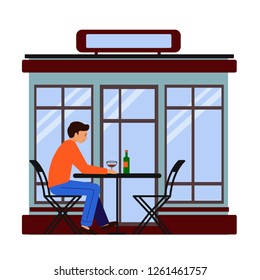 A man sitting at a table in a street cafe with a bottle of wine and a glass. The guy in the cafe, restaurant drinking alcohol. Vector illustration, white background.