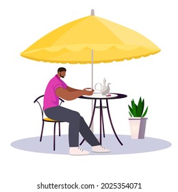  Man sitting at table in a street café or restaurant vector flat illustration. Man waiting for a date.