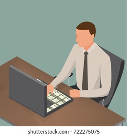 Man is sitting at the table with a suitcase full of money. Vector isometric scene: businessman, table, suitcase with money . Isometric people. - stock vector
