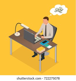 Man is sitting at the table with a suitcase full of money. Vector isometric scene: businessman, table, suitcase with money . Isometric people. - stock vector