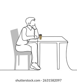 man sitting at table with takeaway coffee on table propping head with hand - one line art vector. concept man waiting on date, takeaway date, enjoying coffee. Handmade vector not AI