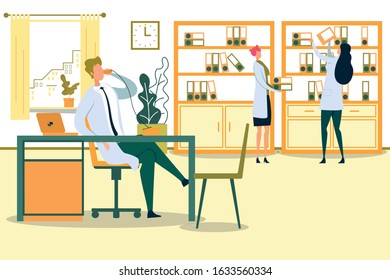 Man Sitting at Table and Talking on Mobile Phone Flat Cartoon Vector Illustration. Nurses or Hospital Workers Putting Folders with Medical Cards to Shelves. Clinic Doctors Office Interior.
